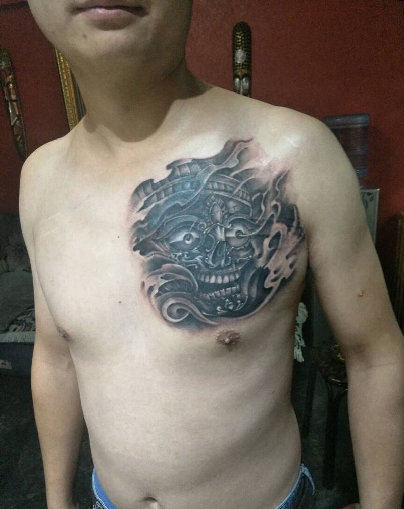遮盖前后，纹身图片_胸部传统鬼神成品纹身图案