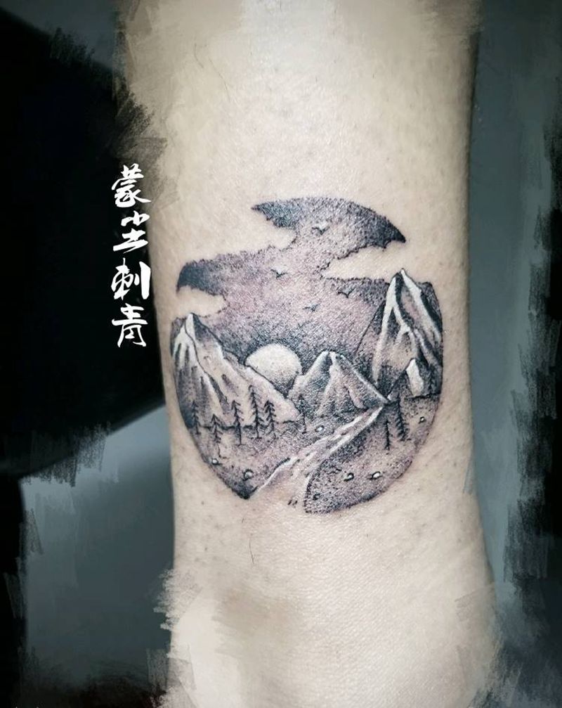 点刺风景纹身图片_手臂腿部写实国画植物原创成品纹身图案