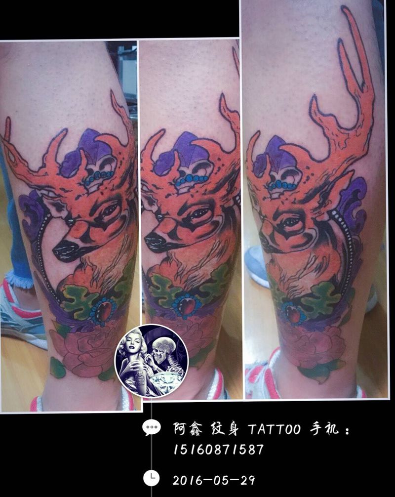 小腿#school鹿#纹身图片_成品腿部欧美动物纹身图案