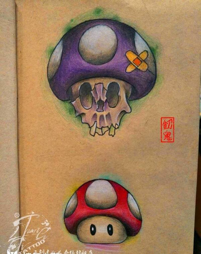 情侣蘑菇哦纹身图片_腹部背部臀部手臂腿部脚部植物手稿纹身图案