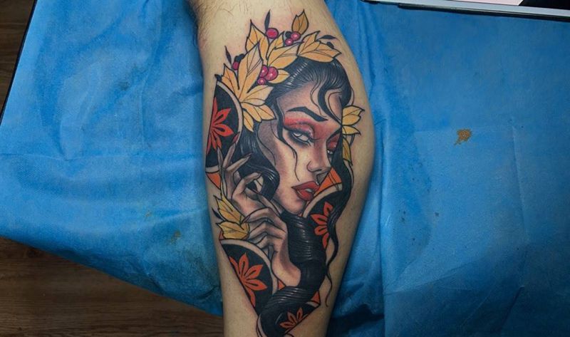 人物纹身图片_腿部New School纹身图案