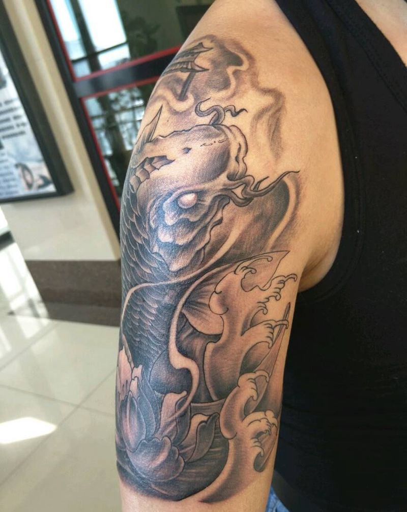 鲤鱼跃龙门纹身图片_手臂传统动物成品纹身图案