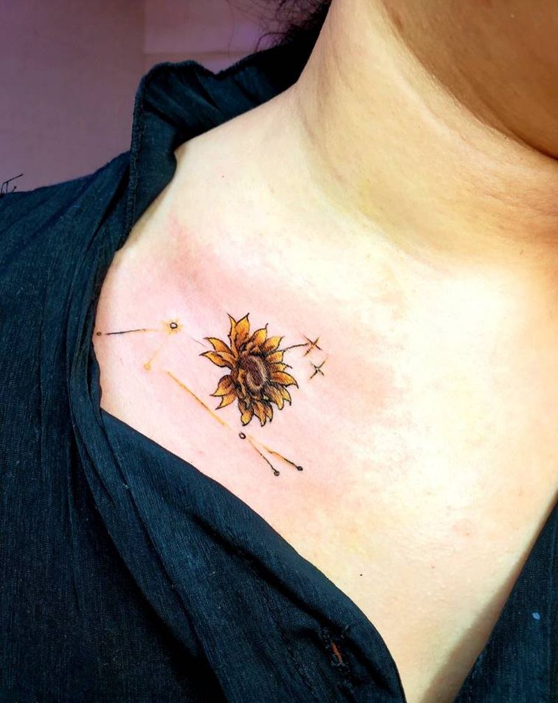 狮子座纹身图片_胸部水彩纹身图案