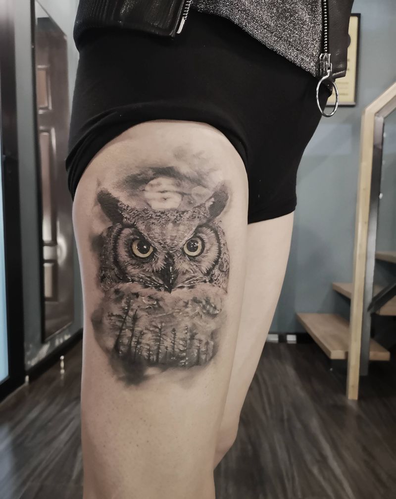 猫头鹰纹身图片_腿部欧美写实纹身图案
