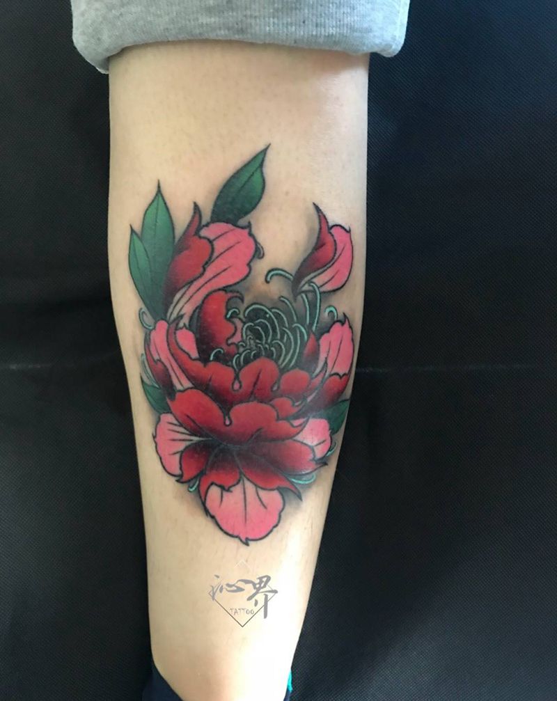 牡丹1纹身图片_手稿腿部传统植物纹身图案