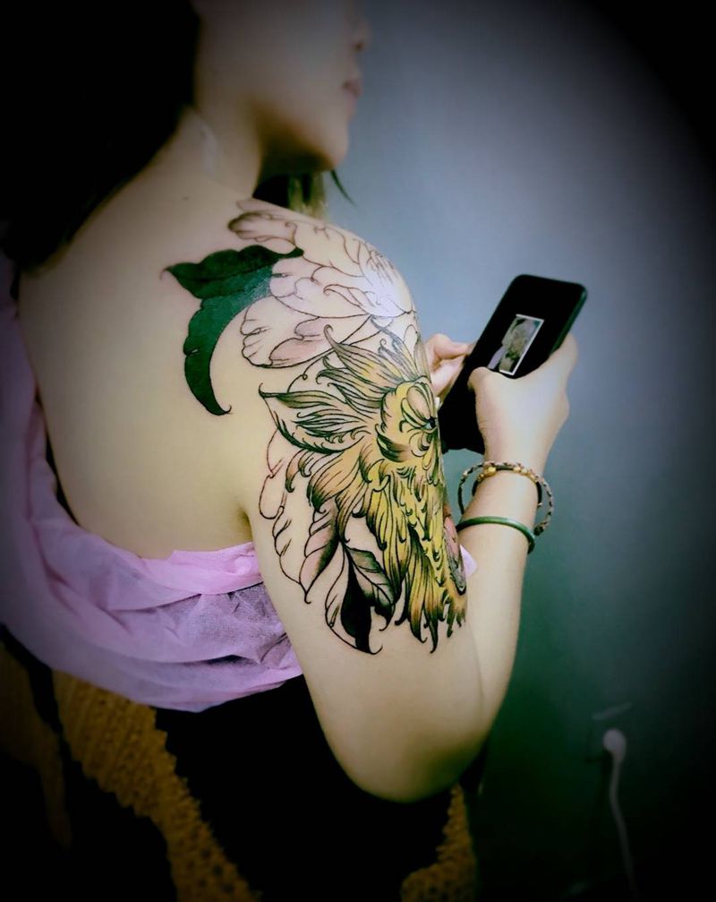 狮子牡丹遮盖胎记纹身图片