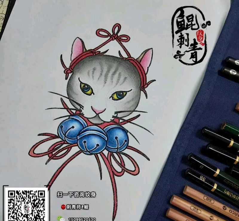 喵纹身图片_手臂水彩老传统纹身图案