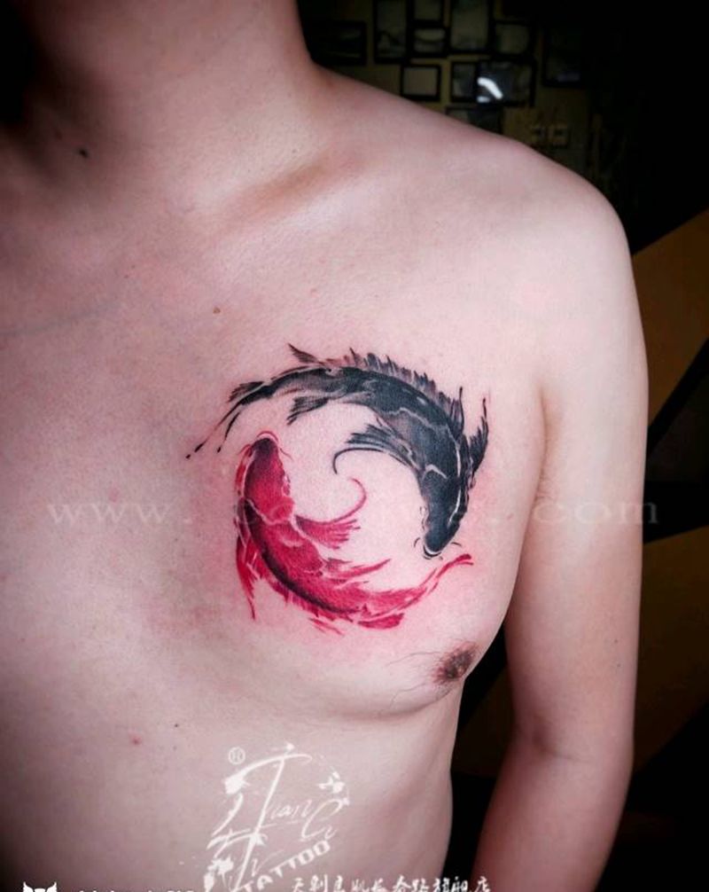 双鱼座纹身图片_胸部水墨水彩纹身图案