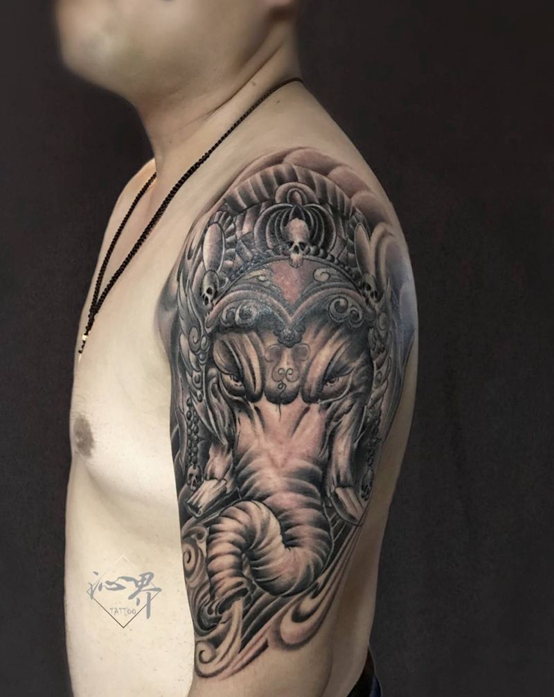 象神纹身图片_成品手臂传统动物纹身图案