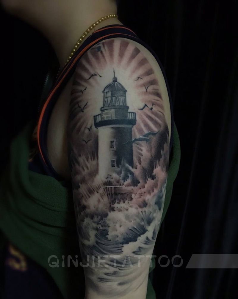 灯塔纹身图片_手臂欧美写实纹身图案