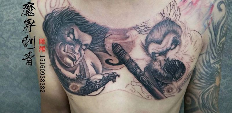 大圣明王花胸纹身图片_胸部新传统花胸明王悟空纹身图案