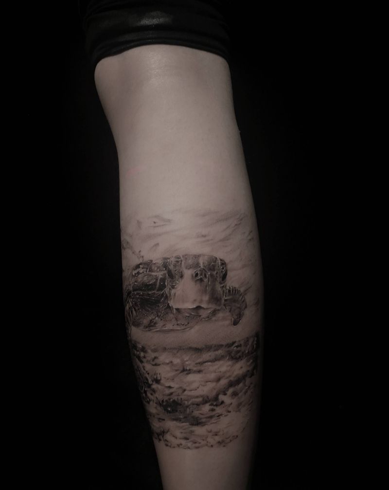 海龟纹身图片_腿部欧美写实纹身图案