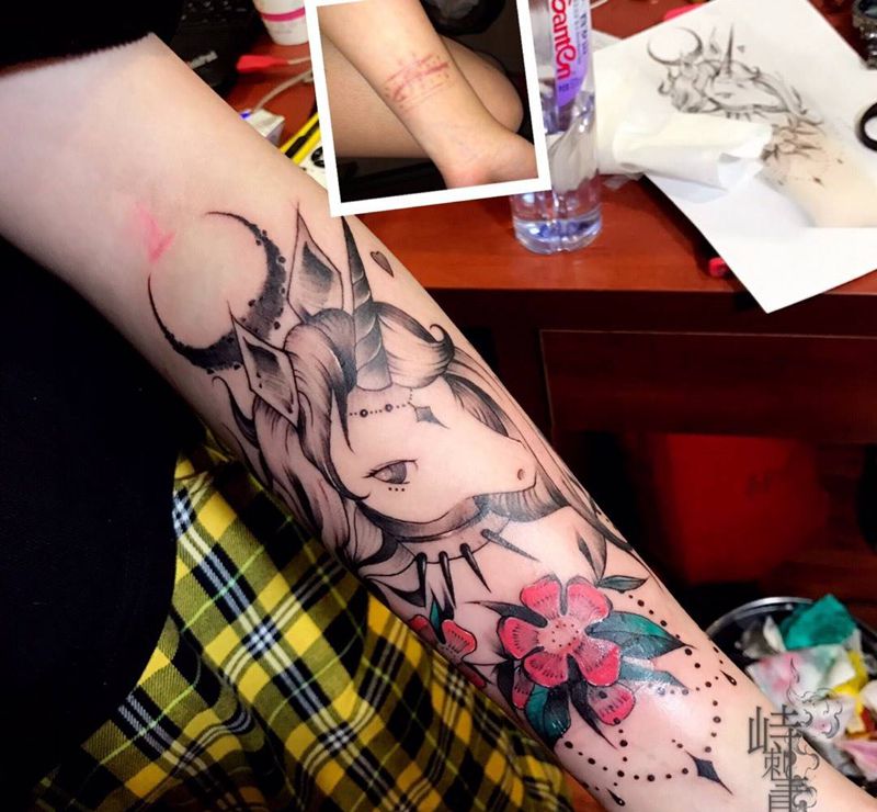 小臂疤痕遮盖纹身图片