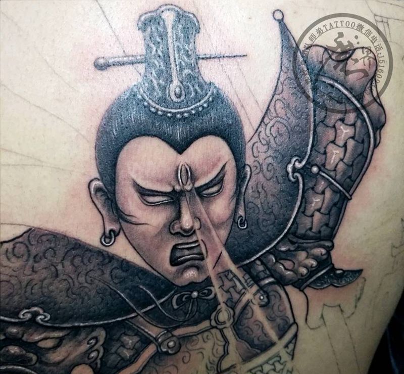 二郎神纹身图片_背部新传统杨戬纹身图案