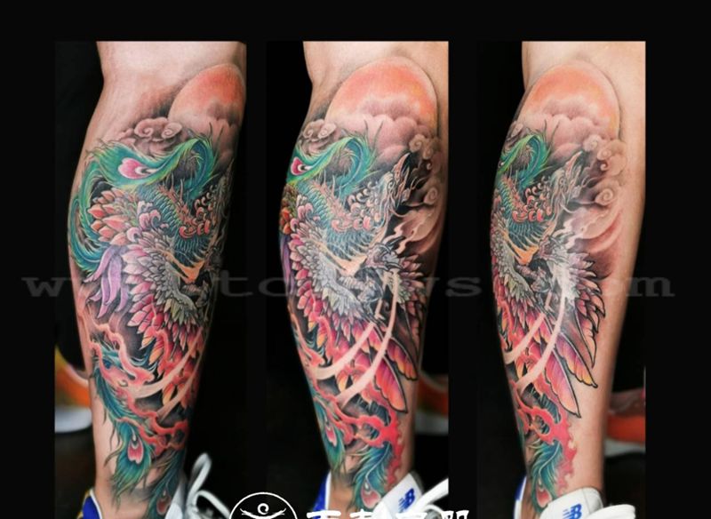 凤凰纹身纹身图片_腿部新传统凤凰纹身图案