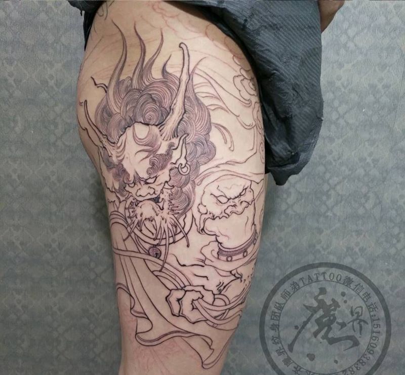 风神腿纹身图片_腿部新传统风神收龙新传统风神纹身图案