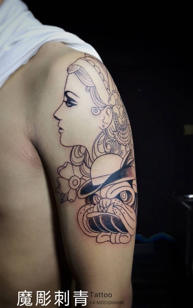 特价纹身纹身图片_手臂肩部Old SchoolNew School女人狗花纹身图案