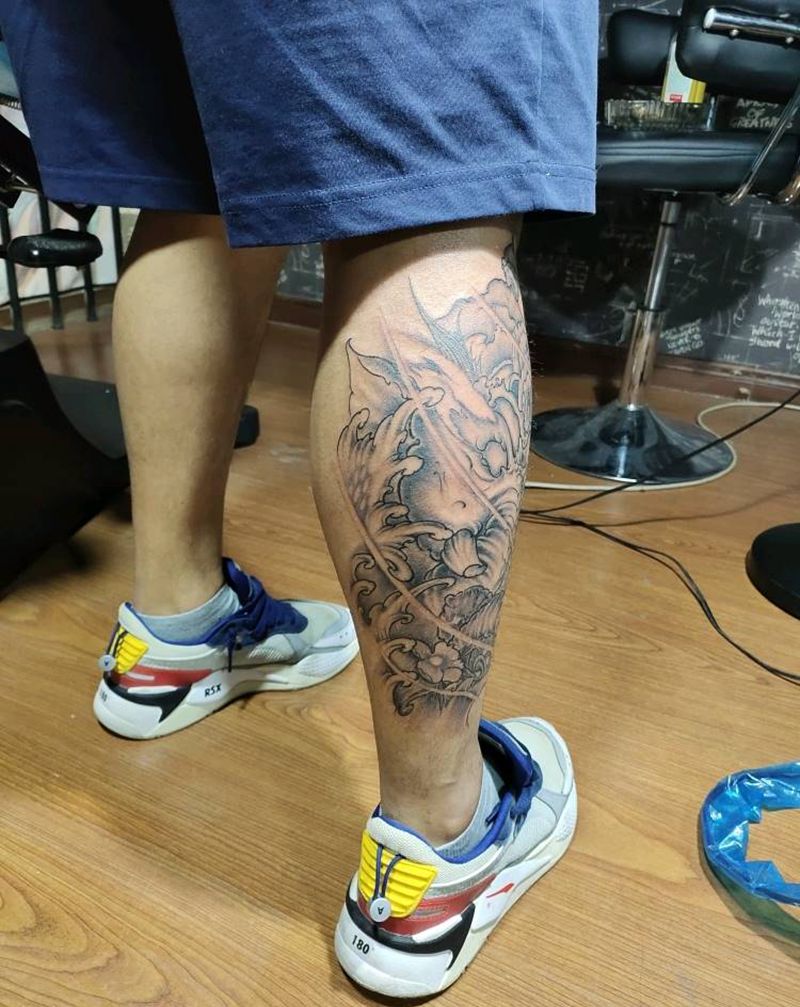 象神 保家平安 招财纹身图片_腿部新传统纹身图案