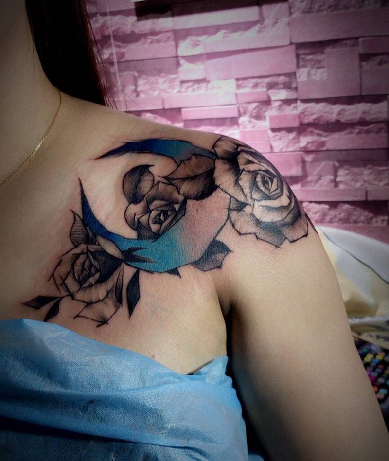 玫瑰与月亮纹身图片