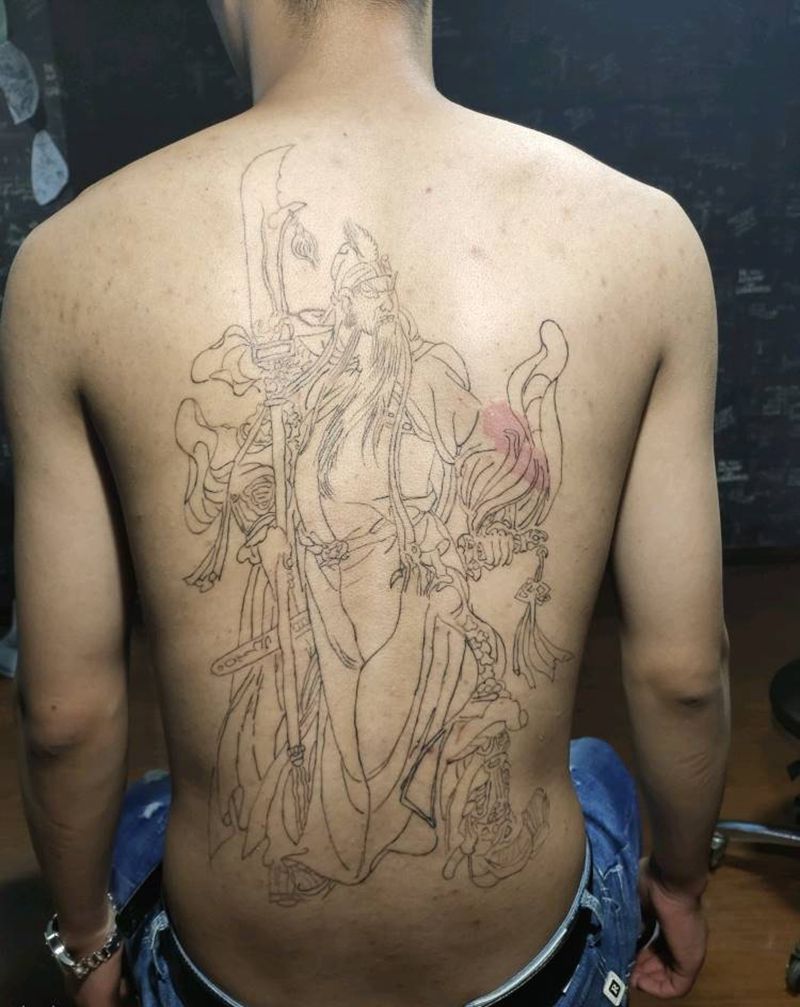 满背关公纹身图片_背部老传统纹身图案