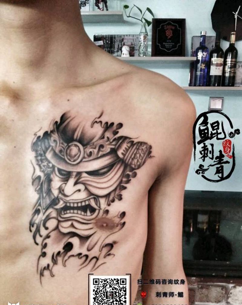 鬼武士纹身图片_胸部传统鬼神成品纹身图案