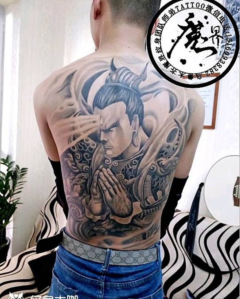 满背二郎神纹身图片_背部传统人物鬼神宗教成品纹身图案
