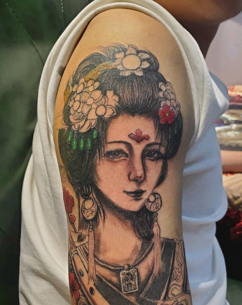艺妓纹身图片_手臂新传统纹身图案