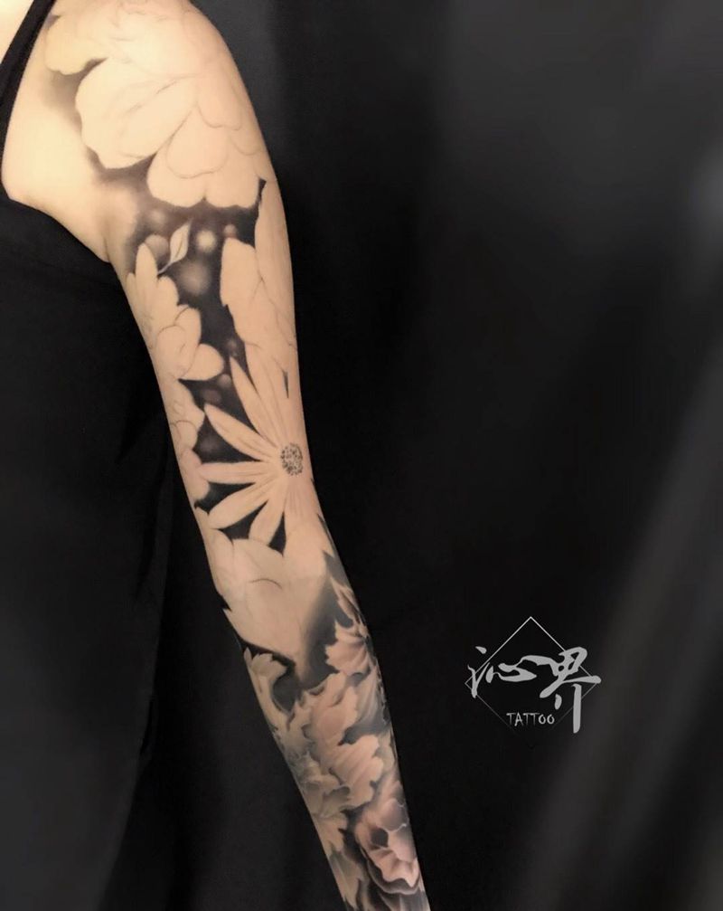 花 花臂纹身图片_手稿手臂欧美植物原创纹身图案