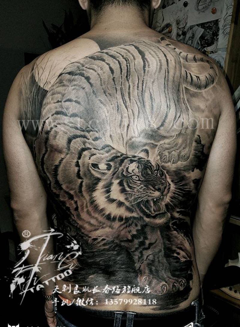 满背虎-虎啸山河纹身纹身图片_背部写实国画动物培训新疆成品纹身图案