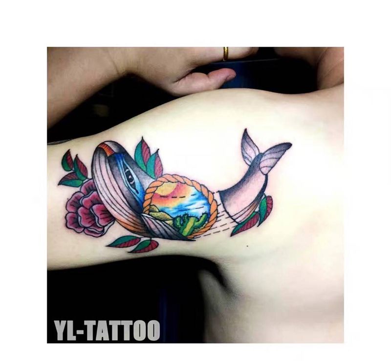沙漠与鲸鱼纹身图片_欧美原创动物手臂成品纹身图案