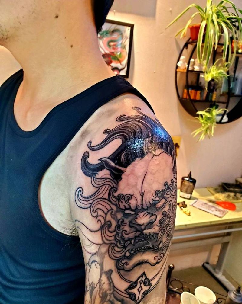 唐狮修改纹身图片_手臂新传统纹身图案