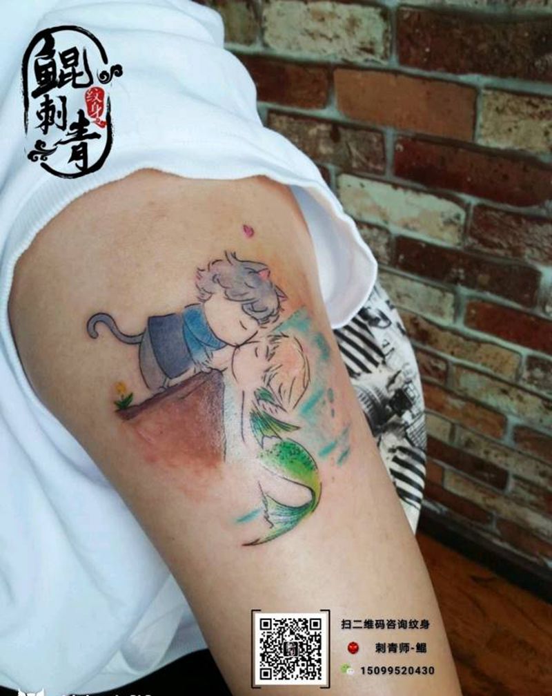 喵王子与人鱼公举纹身图片_手臂清新人物成品纹身图案