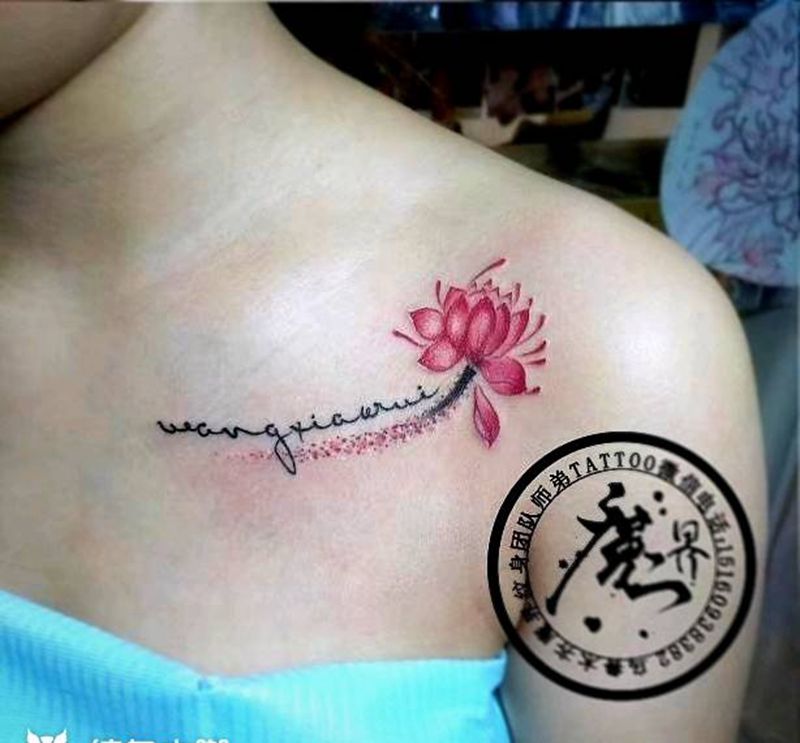 莲纹身图片_颈部肩部清新植物原创成品纹身图案