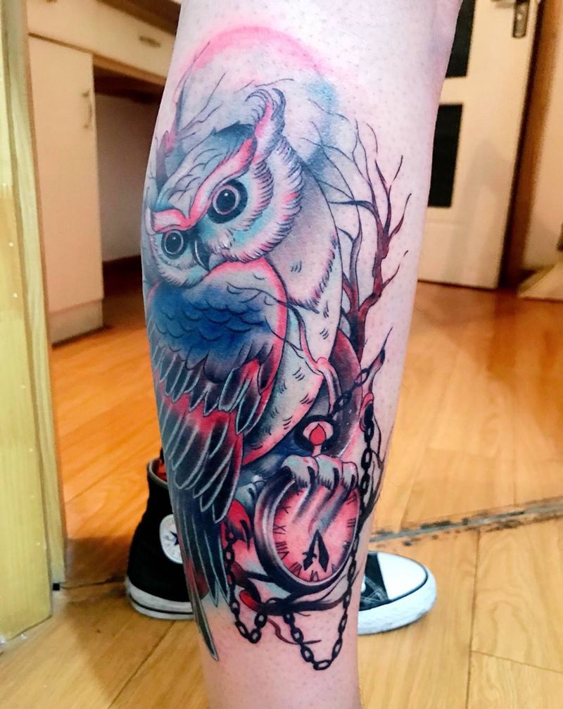 小腿School猫头鹰纹身图片