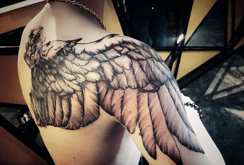 后肩+大臂翅膀纹身图片