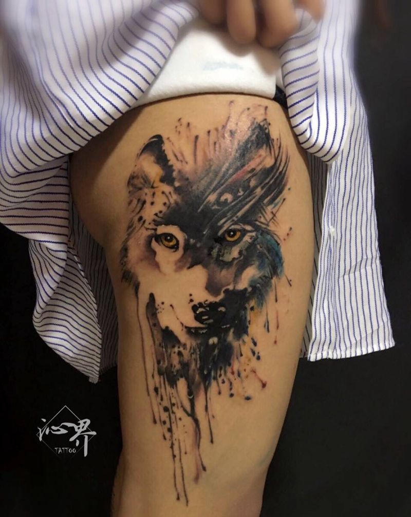 狼纹身图片_成品腿部国画欧美动物纹身图案