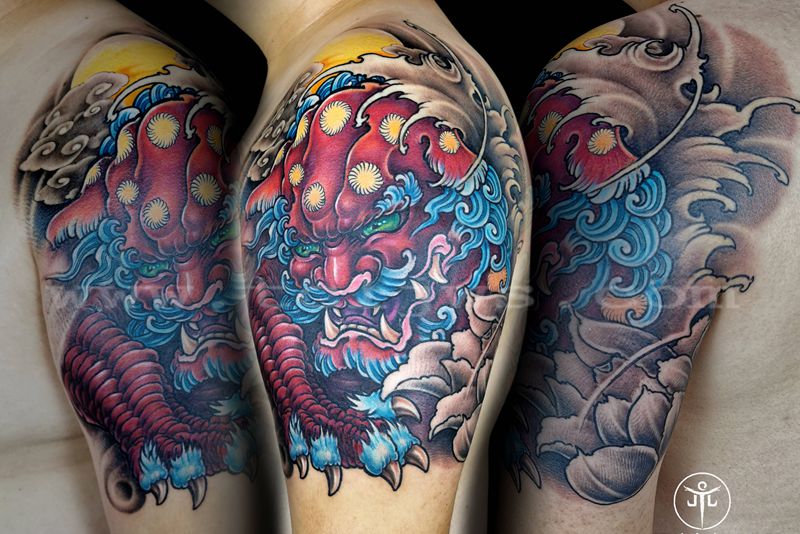 唐狮纹身作品纹身图片_手臂新传统纹身图案