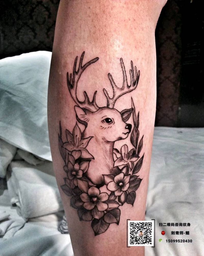 鹿纹身图片_腿部清新动物植物简约成品纹身图案