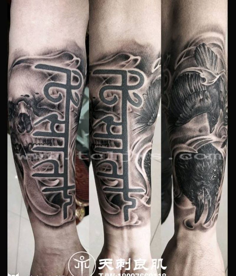 乌鸦骷髅纹身作品纹身图片_手臂手部欧美写实乌鸦骷髅纹身图案