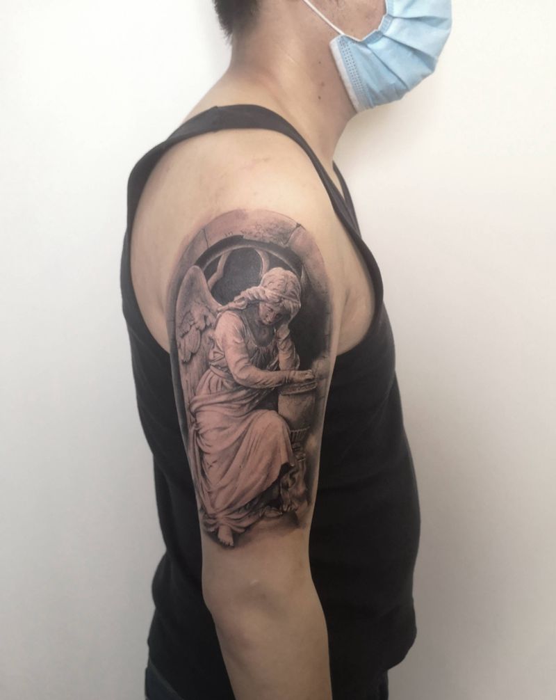 石像天使纹身图片_欧美写实纹身图案