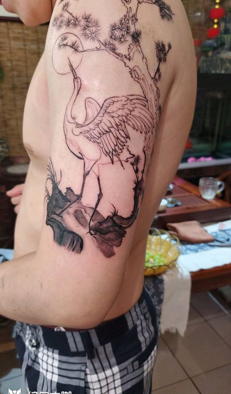 仙鹤纹身图片_水墨纹身图案