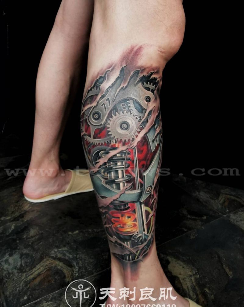 机械腿纹身系列纹身图片_腿部欧美写实机械腿纹身图案