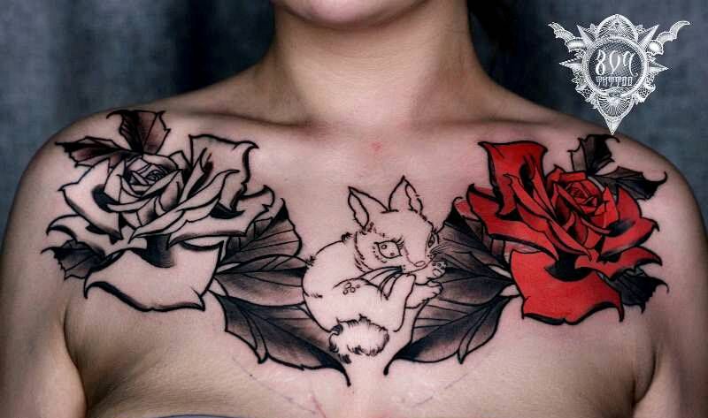 花胸遮盖纹身图片_胸部纹身图案