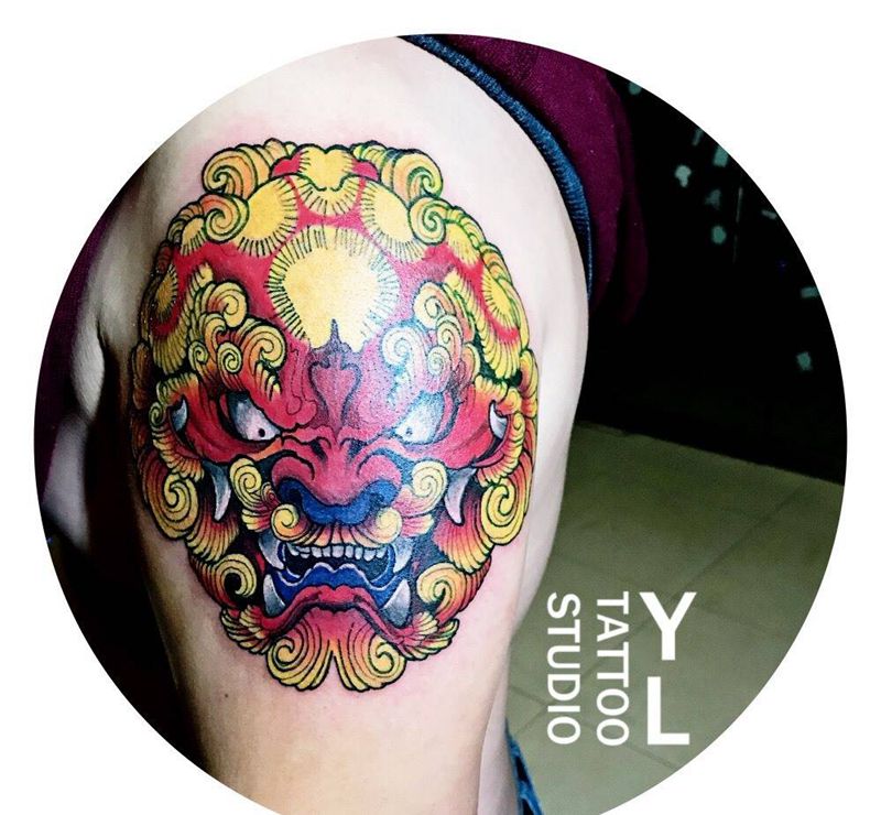 唐狮子纹身图片_成品手臂传统纹身图案