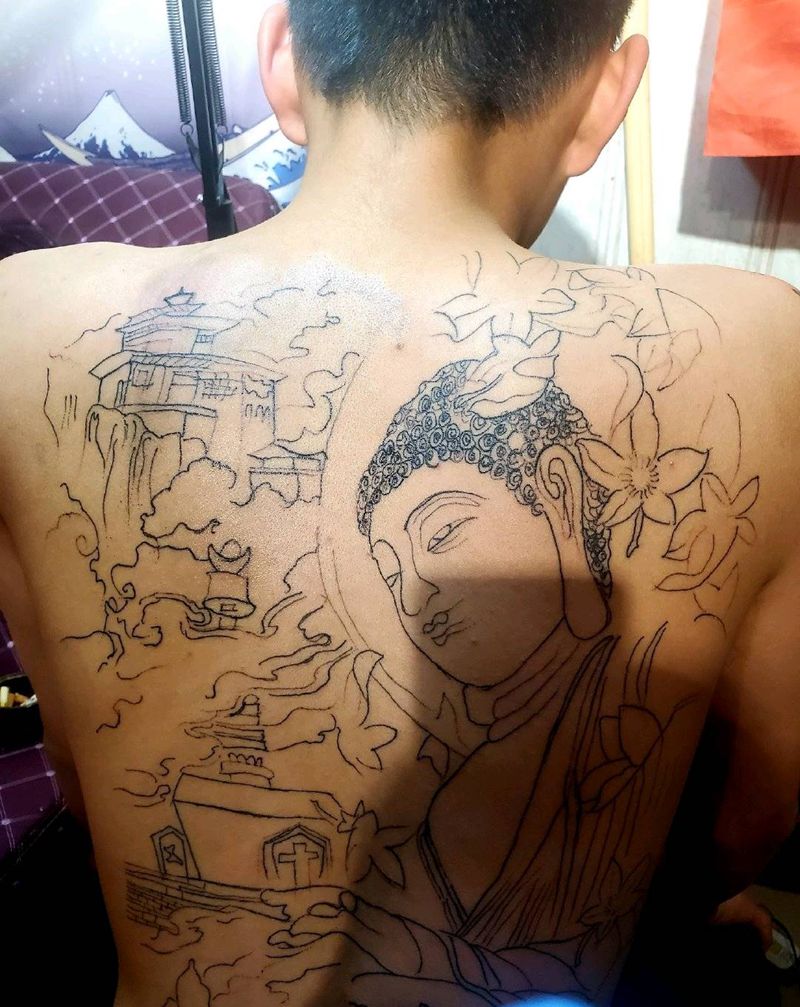 满背纹身图片_背部新传统纹身图案