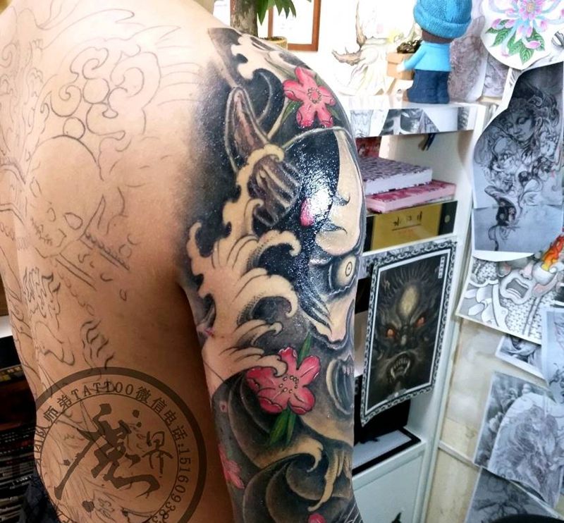 7分袖（修改添加）纹身图片_肩部手臂传统植物静物鬼神原创成品纹身图案