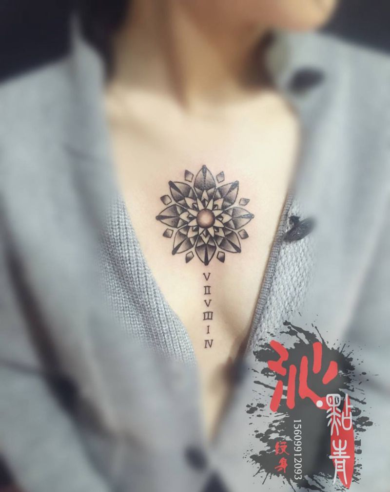 梵花纹身图片_成品胸部传统植物宗教纹身图案