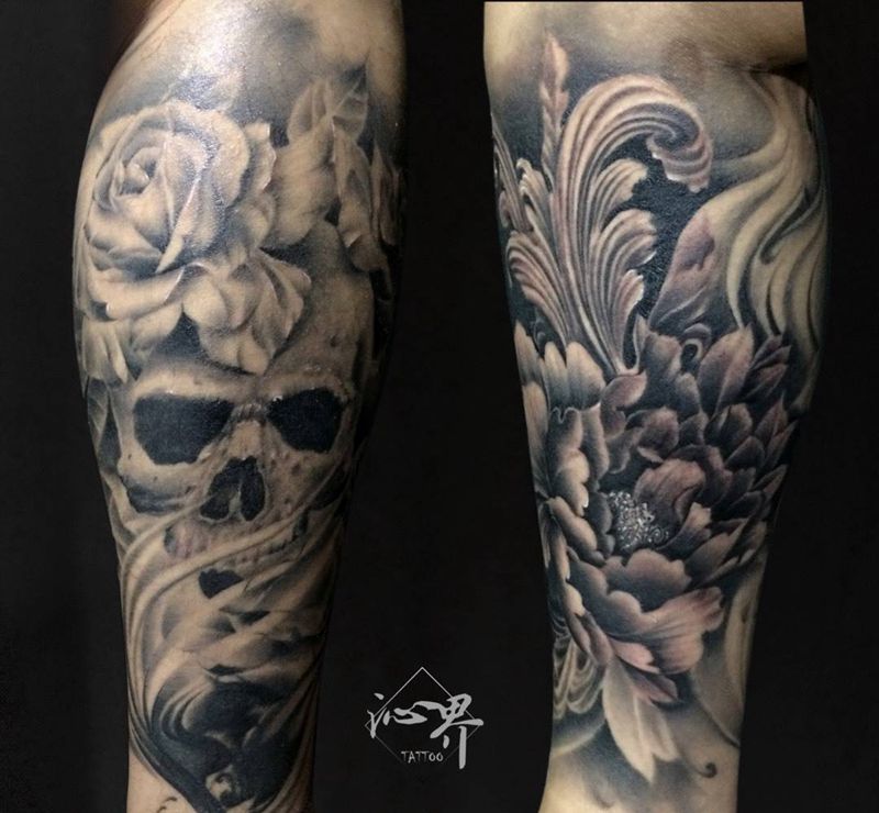 無我纹身图片_成品手稿腿部欧美写实静物植物纹身图案
