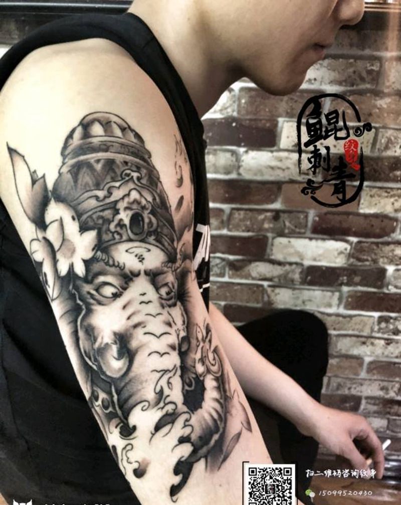 象神纹身图片_手臂老传统新传统纹身图案