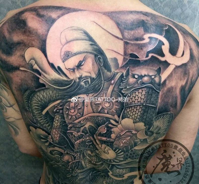 满背关公，关羽纹身图片_背部新传统纹身图案